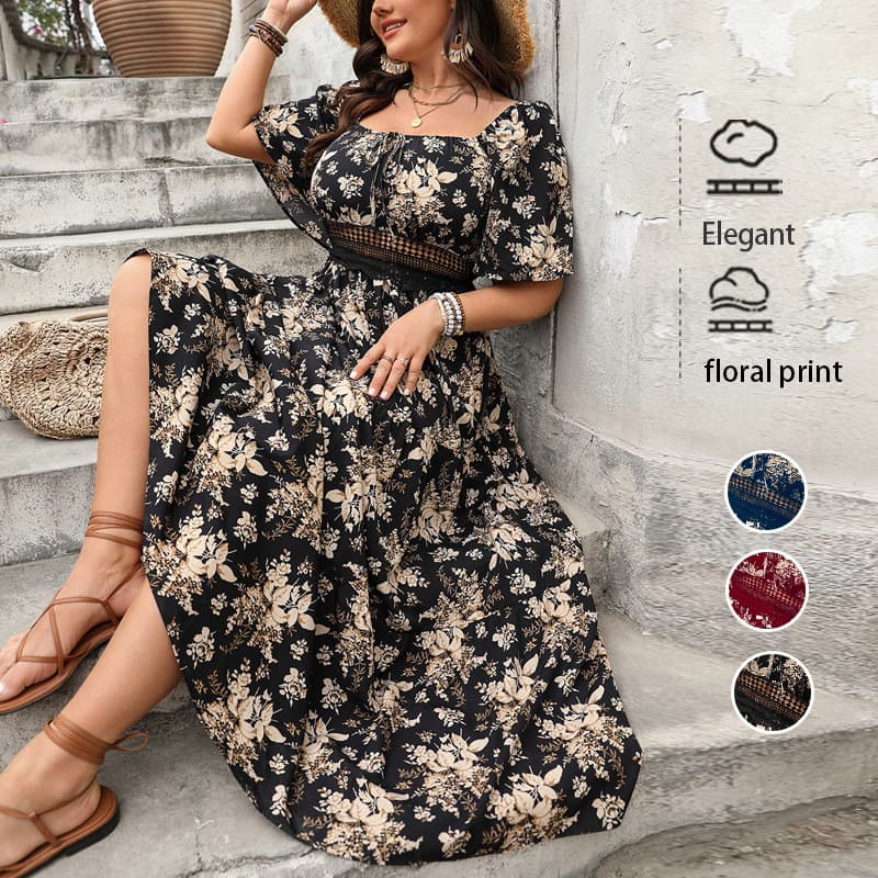 Novo vestido 2026 primavera Retro pescoço quadrado impresso tamanho grande vestido de manga curta