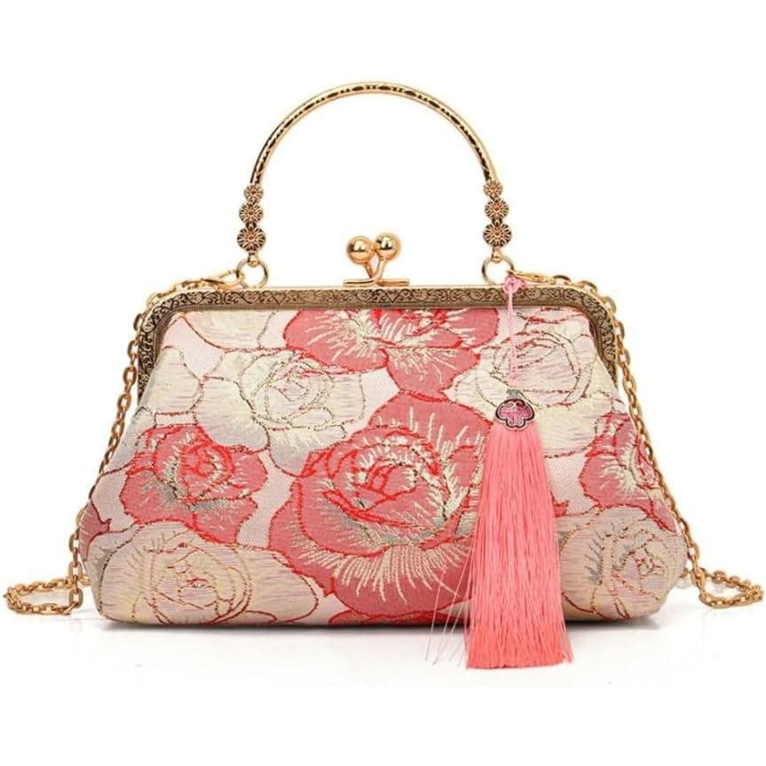 Bolsa de Mão Vintage Feminina com Fecho Kiss Lock, Bolsa de Noite Bordada, Bolsa de Banquete Estilo Chinês, Carteira, Bo