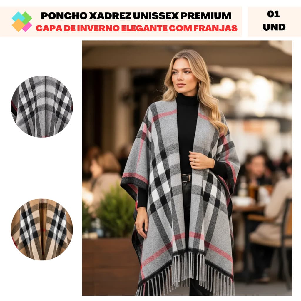 Poncho Xadrez Unissex Premium: Capa De Inverno Elegante Com Franjas (1 Und)