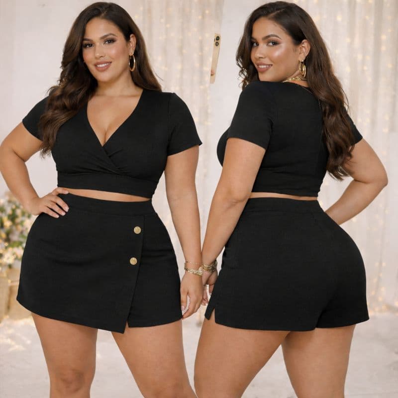 Conjunto Plus Size Feminino Short + Cropped Malha Crepe Liverpool Premium (G GG G1 G2) Cintura Alta