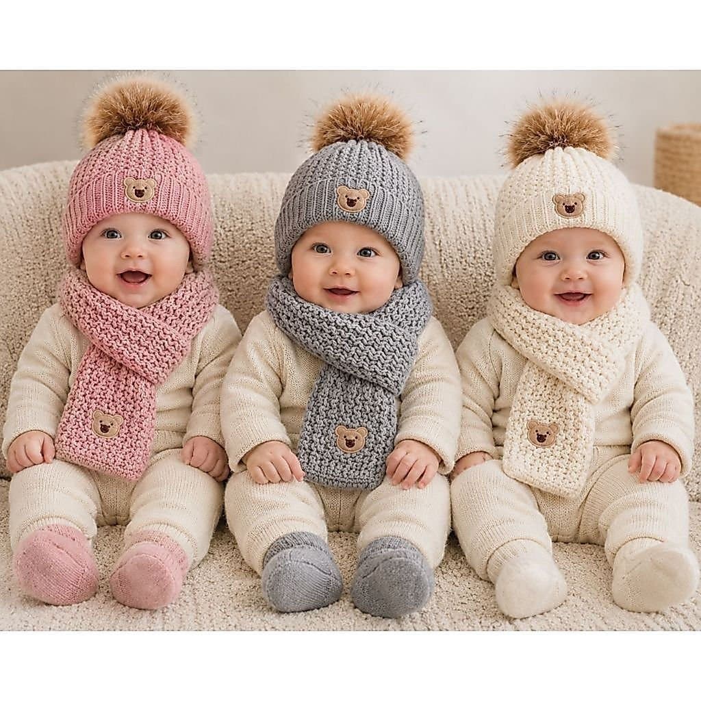Touca Infantil com Cachecol Urso Bebê Menino Menina 0 a 12 Meses Quentinho Inverno Gorro Lã Macio Unissex