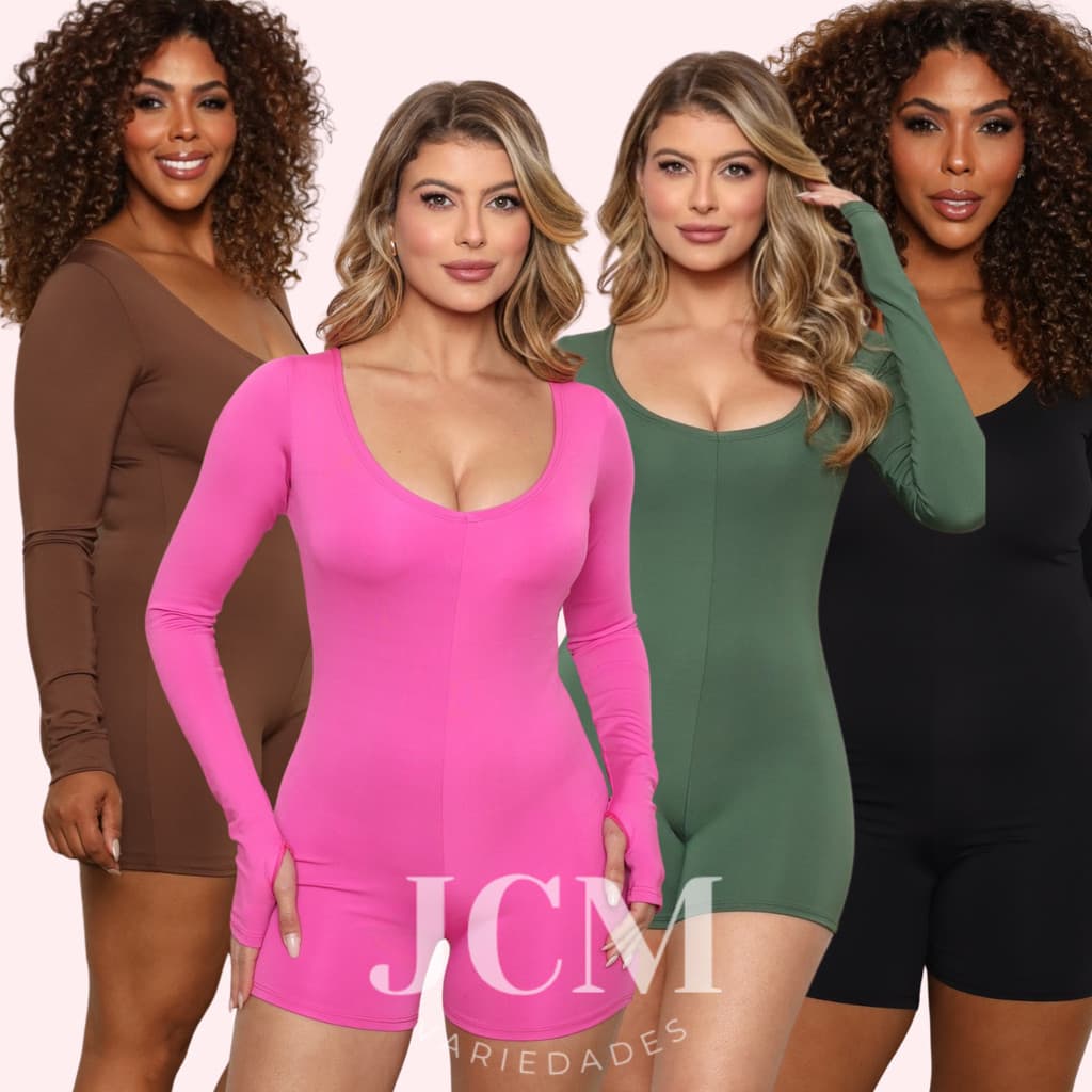 KIT 4 Macaquinho Academia Feminino Manga Longa Suplex Cavado nas Costas Treino Fitness Yoga