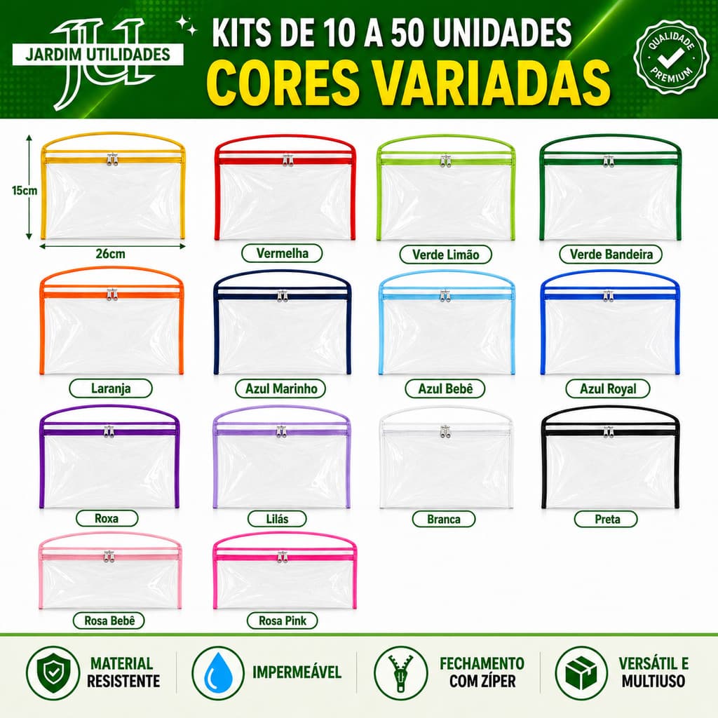 Kit 10 a 50 Unid Sacola Necessaire Organizadora Transparente com Zíper 26x15cm para Lembrancinhas e Festas