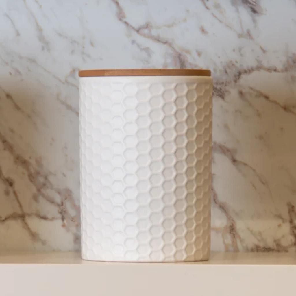 Potiche com Tampa de Bambu Beelisse 11x15,8cm Branco Cerâmica