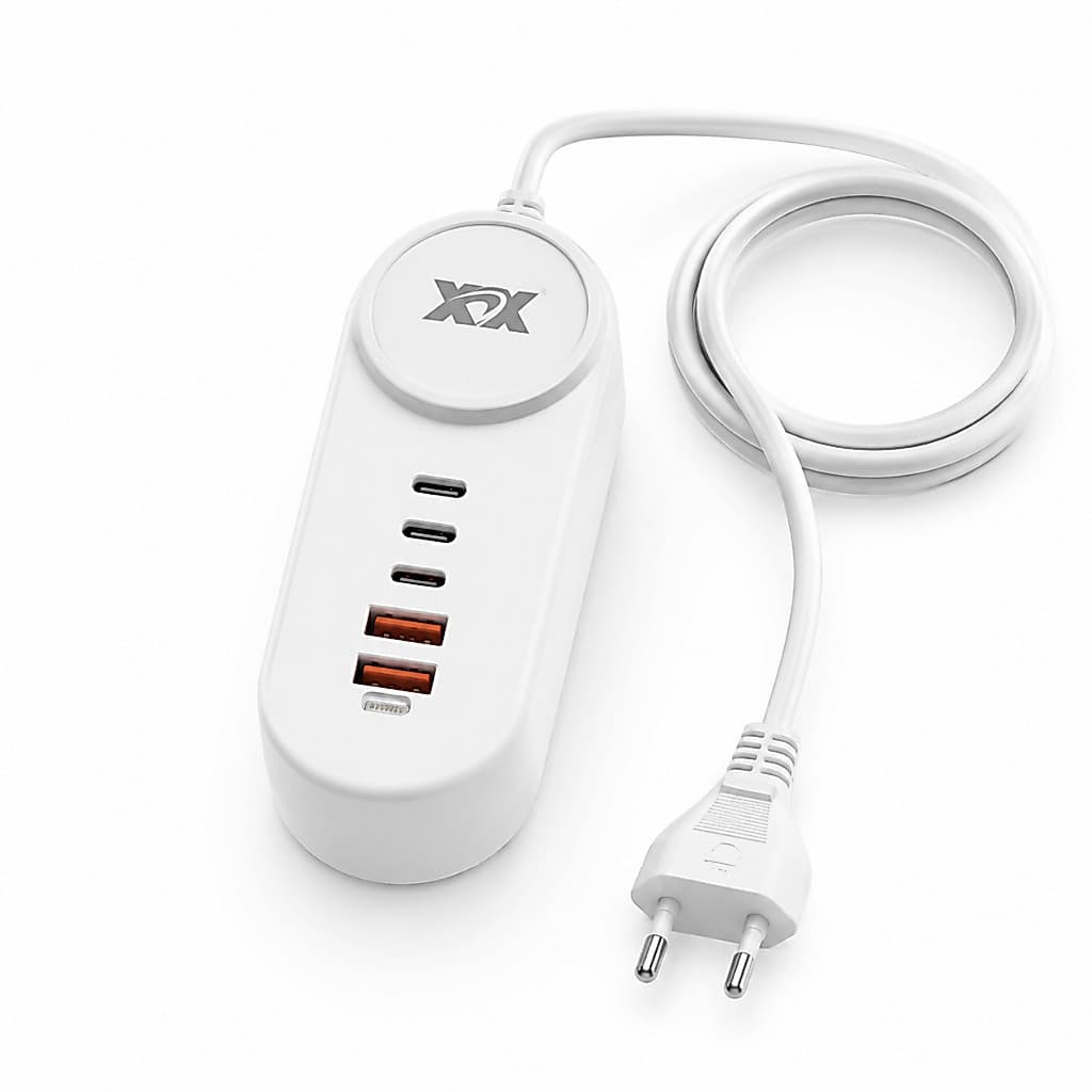 Carregador Extensão de Tomada Fast Charge 25W com 5 Portas 2 Tipo C 2 USB 1 Lightning
