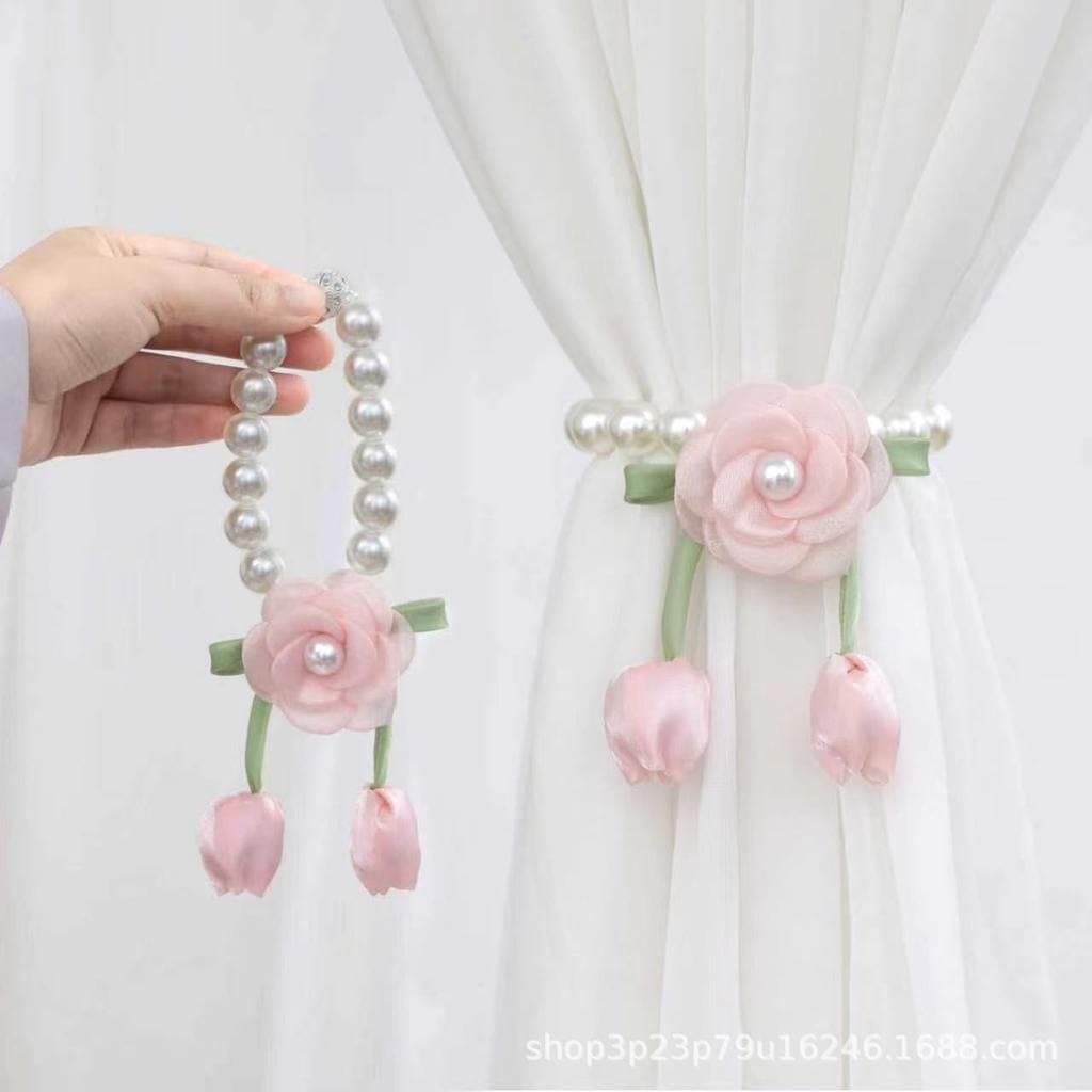 Laço de Cortina Floral com Fecho Magnético de Pérola, Corda de Cortina Transparente em Forma de Tulipa, Acessório Criati