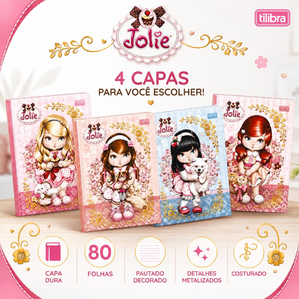 Caderno Especial Brochura Tilibra Jolie 80 Todas as Folhas Decoradas Premium 176 x 239 mm