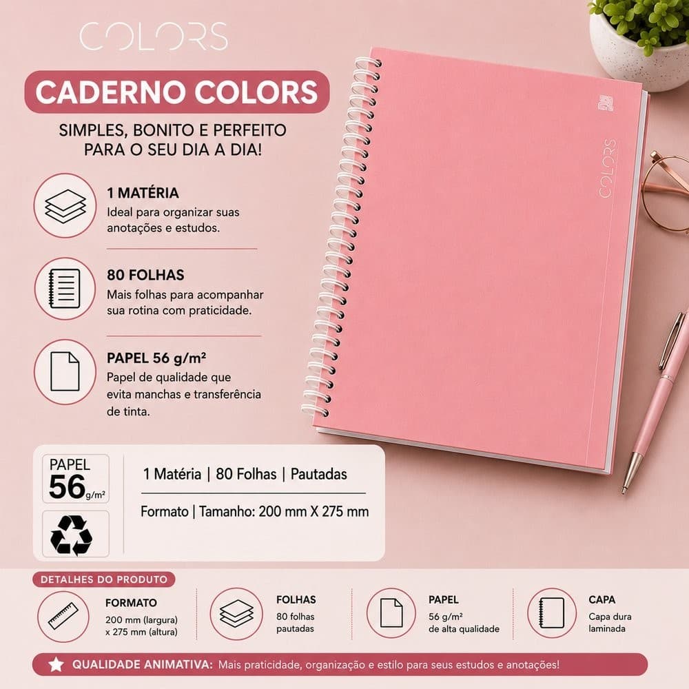Caderno Espiral Universitário 1 Matéria 80 Folhas - Rosa