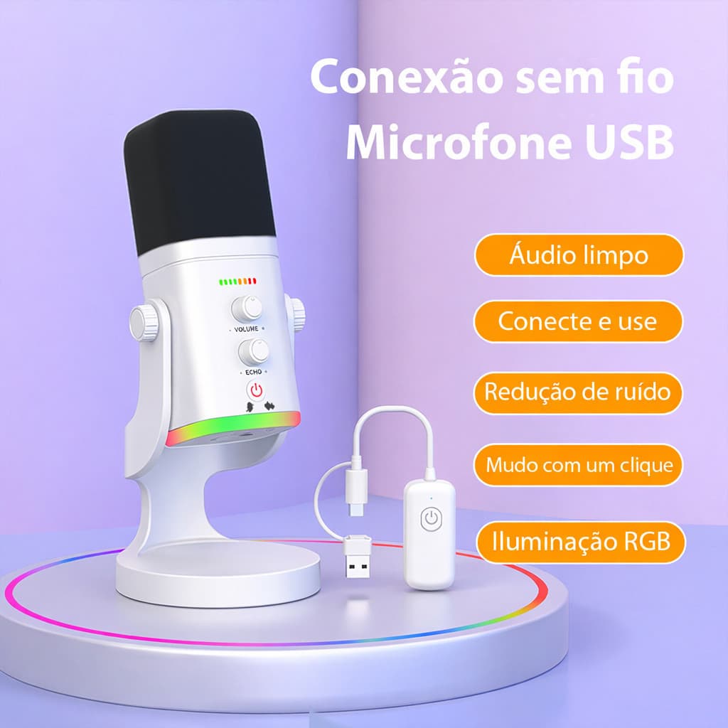 Microfone Gamer Sem Fio Wireless Dinâmico Ampligame Led Rgb Branco Fire Phoenix Bk-am8 Pro