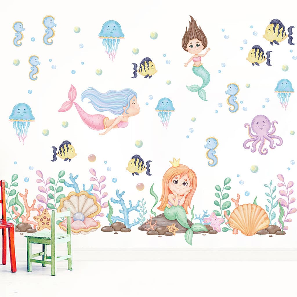 Adesivos de parede dos desenhos animados mundo subaquático adesivos de parede sereia Coral adesivos de parede quarto das