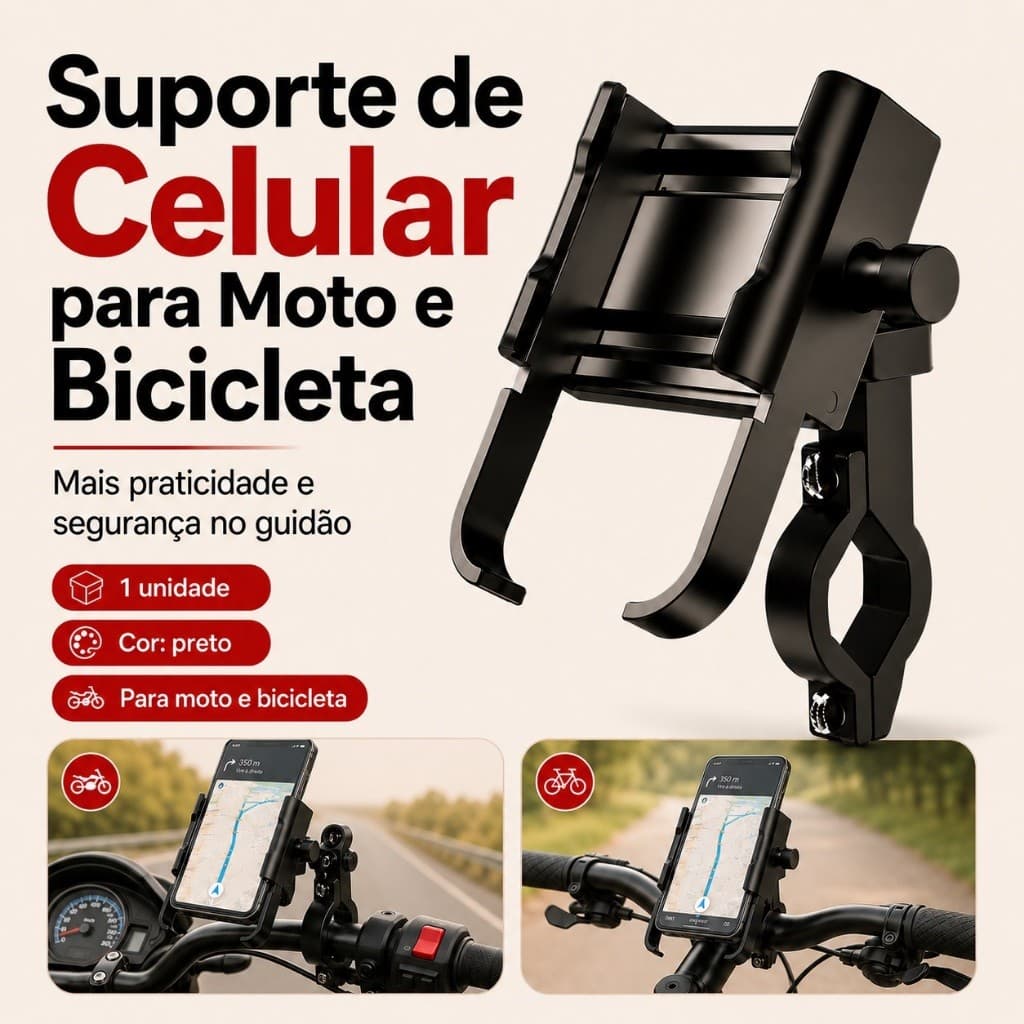 Suporte de Celular para Moto e Bicicleta com Fixação no Guidão – Preto