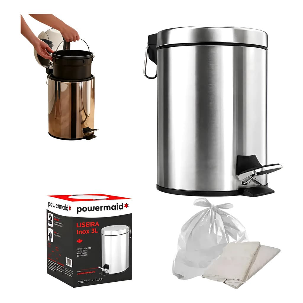 Lixeira De Inox 3 Litros Não Enferruja + 20 Sacos De Lixo