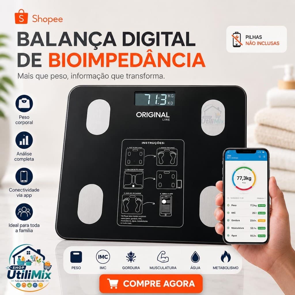 Balança Digital de Bioimpedância Inteligente | Bluetooth App Grátis | Até 180kg | Vidro Temperado