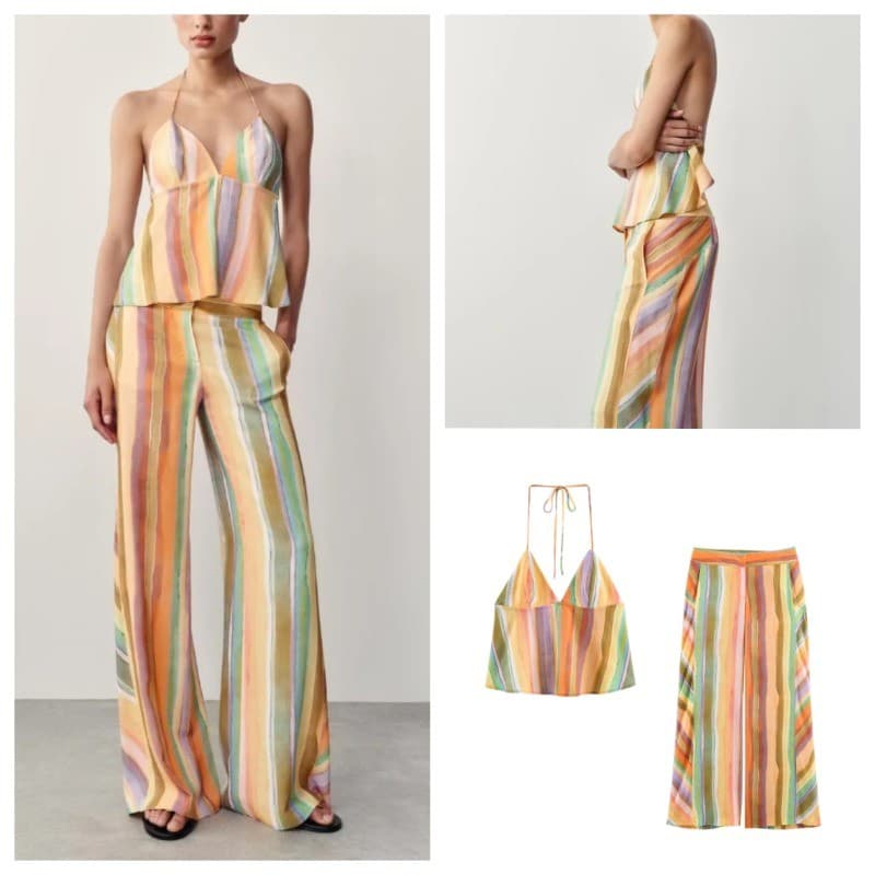 Halter Contraste Cor Listrada Halterneck Gola Top7941139 Calças de cintura média7942139