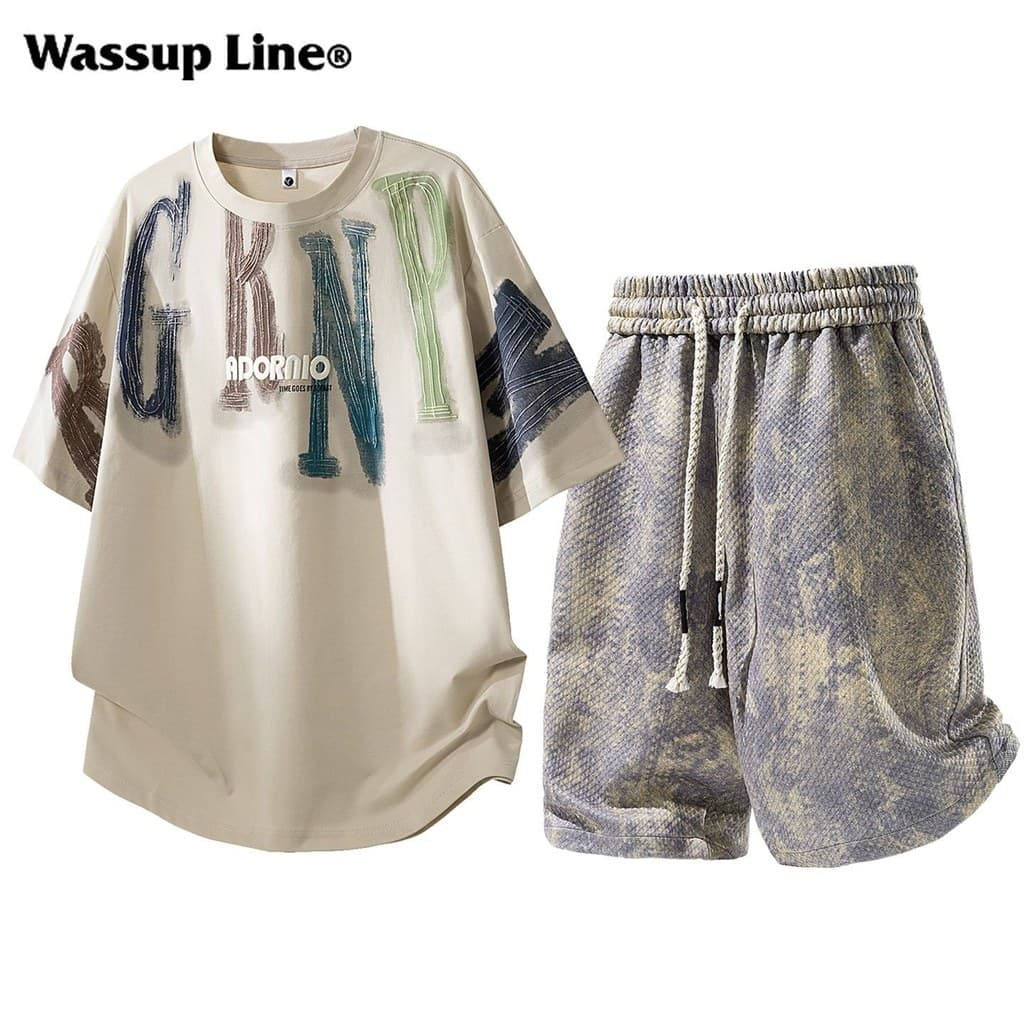 Lazer esportes terno americano masculino Street Wear Tie-Dye impresso camiseta de manga curta Shorts soltos de duas peça