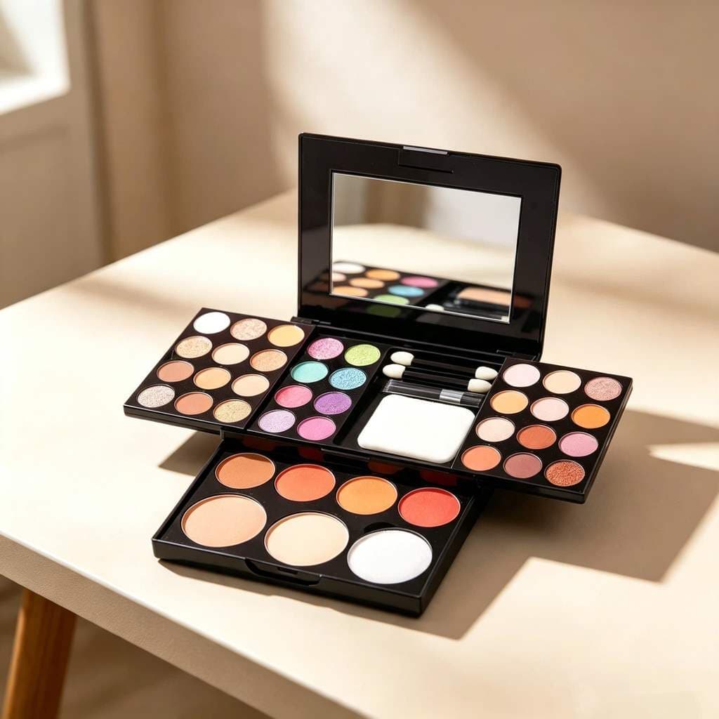 Paleta Completa 3 em 1 Sombras Blush Pó Compacto com Acessórios Inclusos Compacta para Bolsa Uso Diário e Viagem