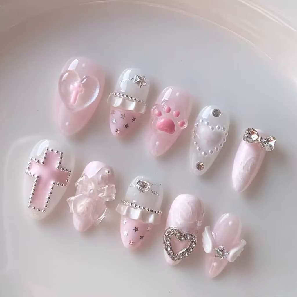 Y2K Jirai Kei Gyaru Artesanal Imprensa Em Unhas Rosa Amêndoa Anjo Gato Pata Arco Estrela Coração Cruz Fofo Doce Francês