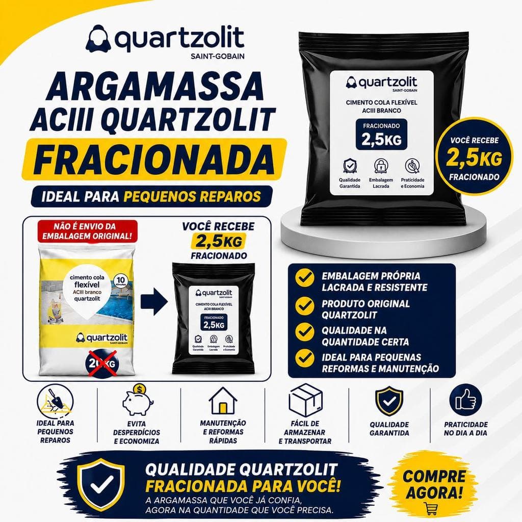 Argamassa ACIII Branca Fracionada Quartzolit Pacotinhos de 2,5Kg Pequeno Reparo Rápido Externo Forte