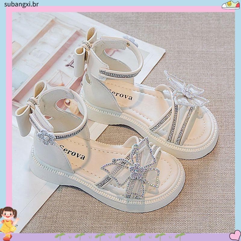 Meninas sandálias 2024 novo estilo verão meninas moda bonito meninas sapatos sola macia arco strass sapatos de princesa