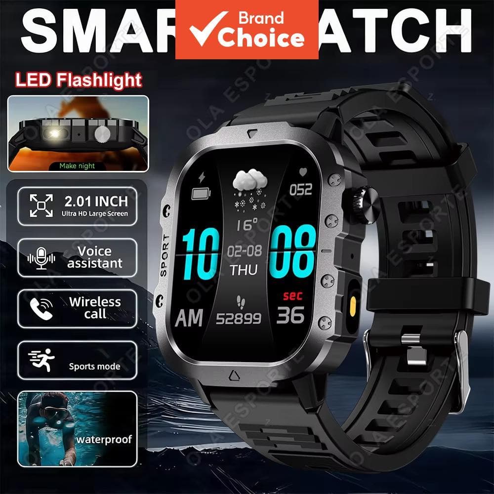 Relógio Inteligente Militar Masculino com Lanterna de LED à Prova D'Água, Monitor de Fitness Esportivo, Saúde e Chamada