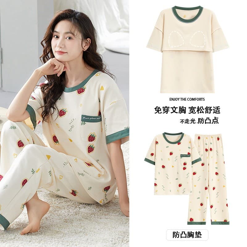 Pijamas com almofadas no peito senhoras verão puro algodão calças de manga curta fino bonito Casual Loungewear ternos po