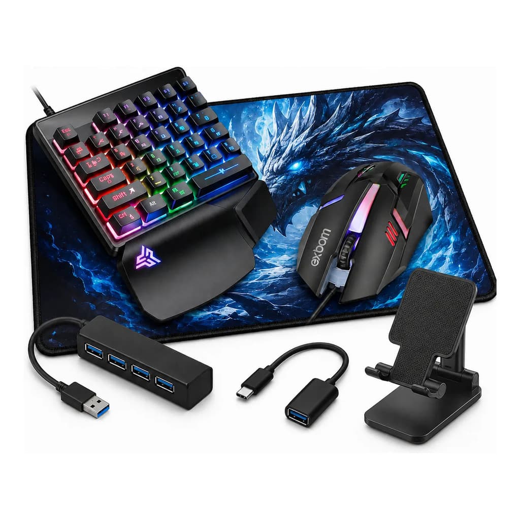 Kit Mobilador Gamer para Celular Teclado One Hand RGB Mouse Gamer Mousepad 40x30 Hub USB OTG Tipo C Suporte