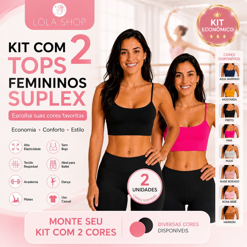 Kit 2 Top Feminino Suplex Academia Ballet Dança Sem Bojo Alça Fina Confortável Cores Sortidas
