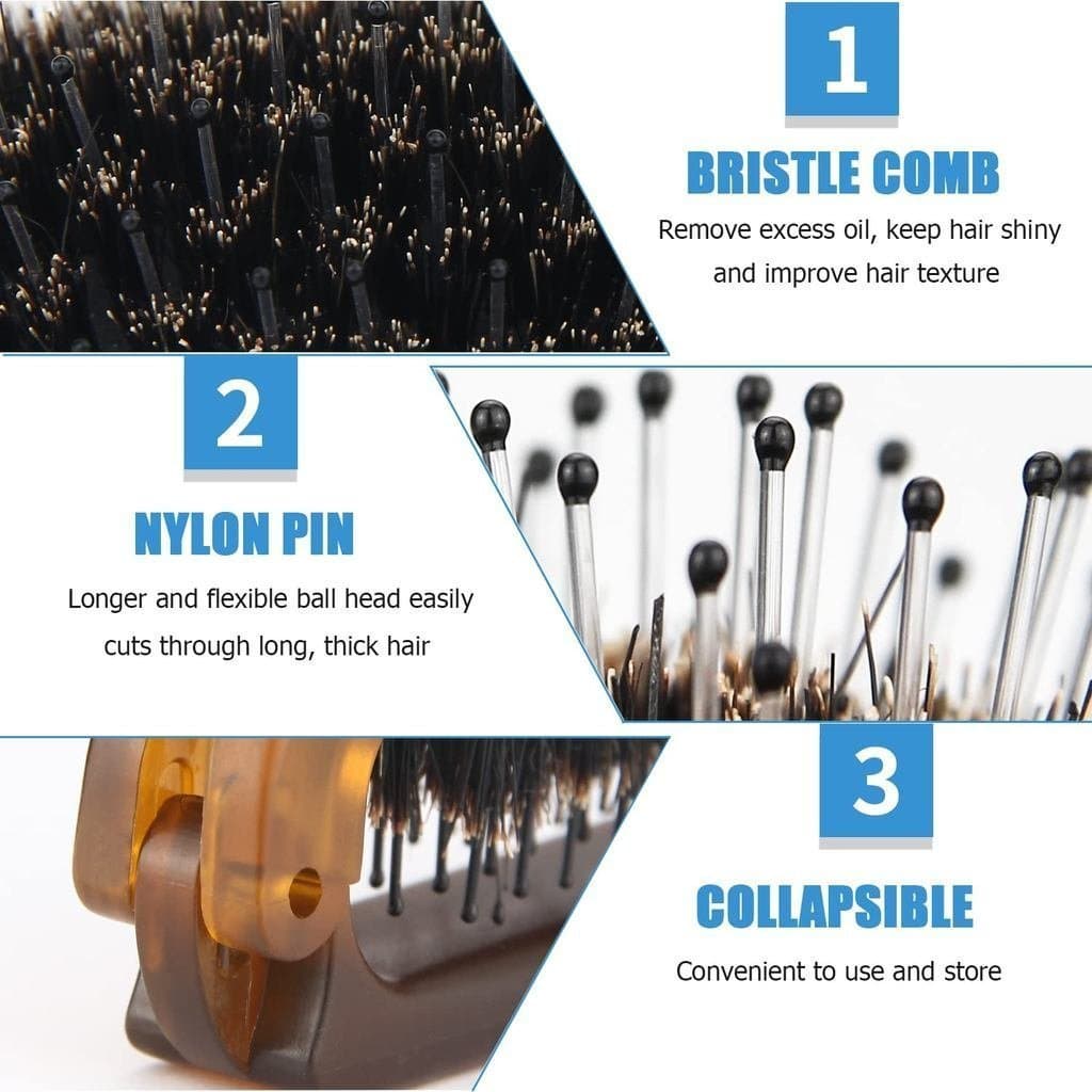 Escova de Cabelo Dobrável para Viagem, Escova de Cabelo Portátil com Cerdas de Javali, Adequada para Cabelos Macios e Gr