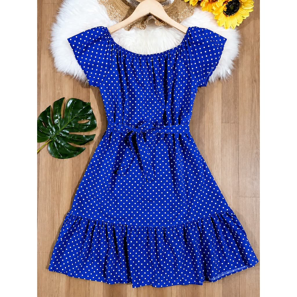 Vestido Feminino Ciganinha Poá Bolinha Ombro a Ombro com Babado e Cinto Verão