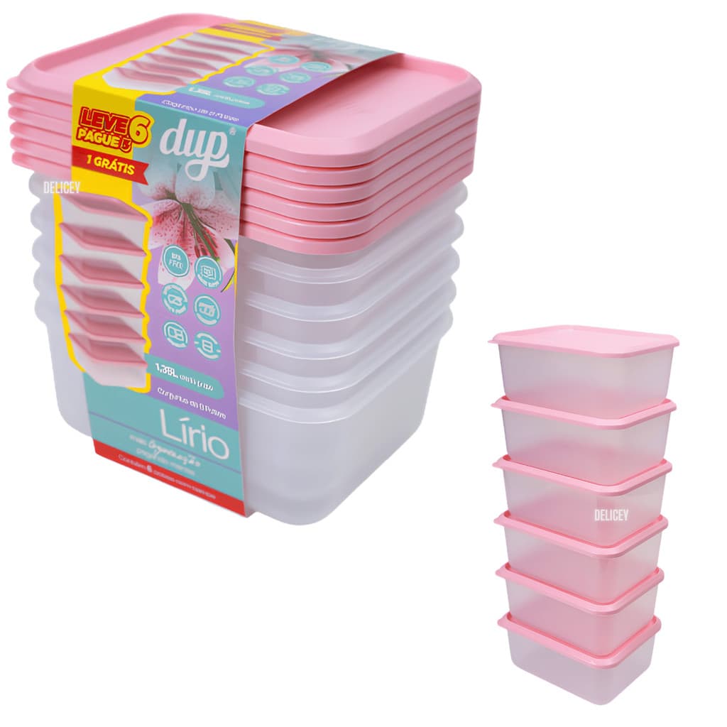 Conjunto 6 Potes Herméticos Dup Floral Lírio 1,35l Jogo Micro-Ondas Lava-Louças Freezer Bpa Free