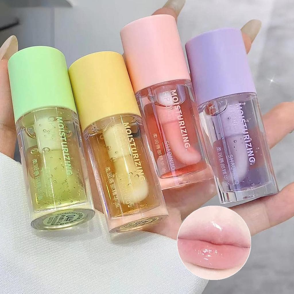 Óleo Labial Volumizador Dulele com Brilho, Sabor Frutado, Transparente, 4 Peças, Óleo Labial Hidratante e Nutritivo, Bál