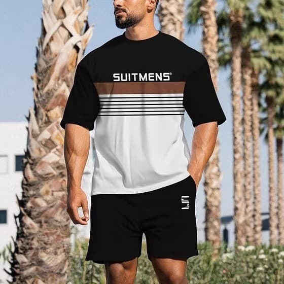 Camisa de manga curta estampada com gola redonda e shorts, conjunto casual masculino de duas peças com estampa 3D.