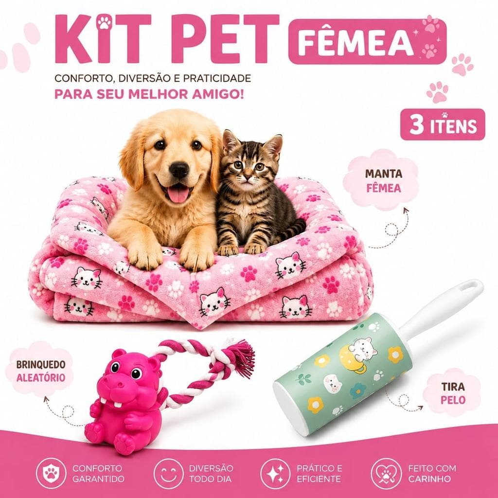 Kit Manta Pet Gatos Cães Escova Tira Pelo Brinquedo - FEMEA