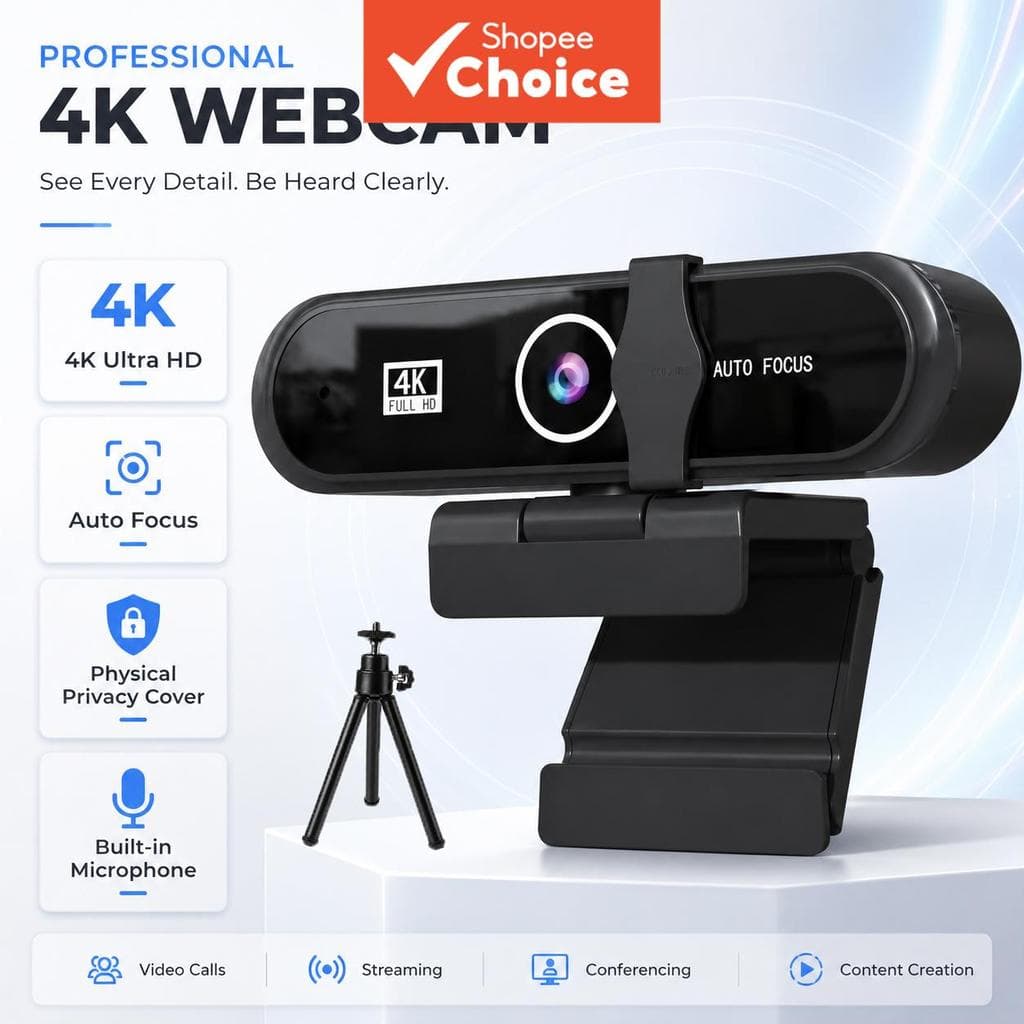 Webcam 4K para PC, webcam USB com foco automático, microfone com cancelamento de ruído, tampa de privacidade, câmera web