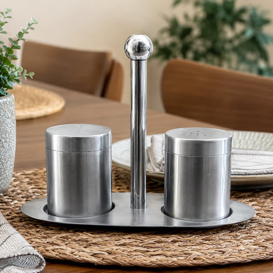 Porta Temperos Inox Kit Saleiro Pimenteiro Bandeja Mesa Organizador Cozinha Condimento
