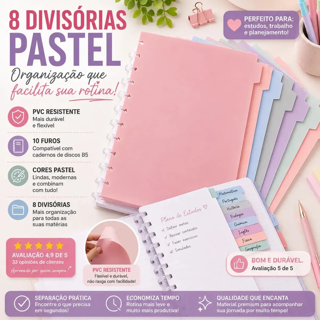 Kit 4/8 Peças Divisórias Coloridas Para Caderno Inteligente A5 8 / B5 10 / A4 11 Discos