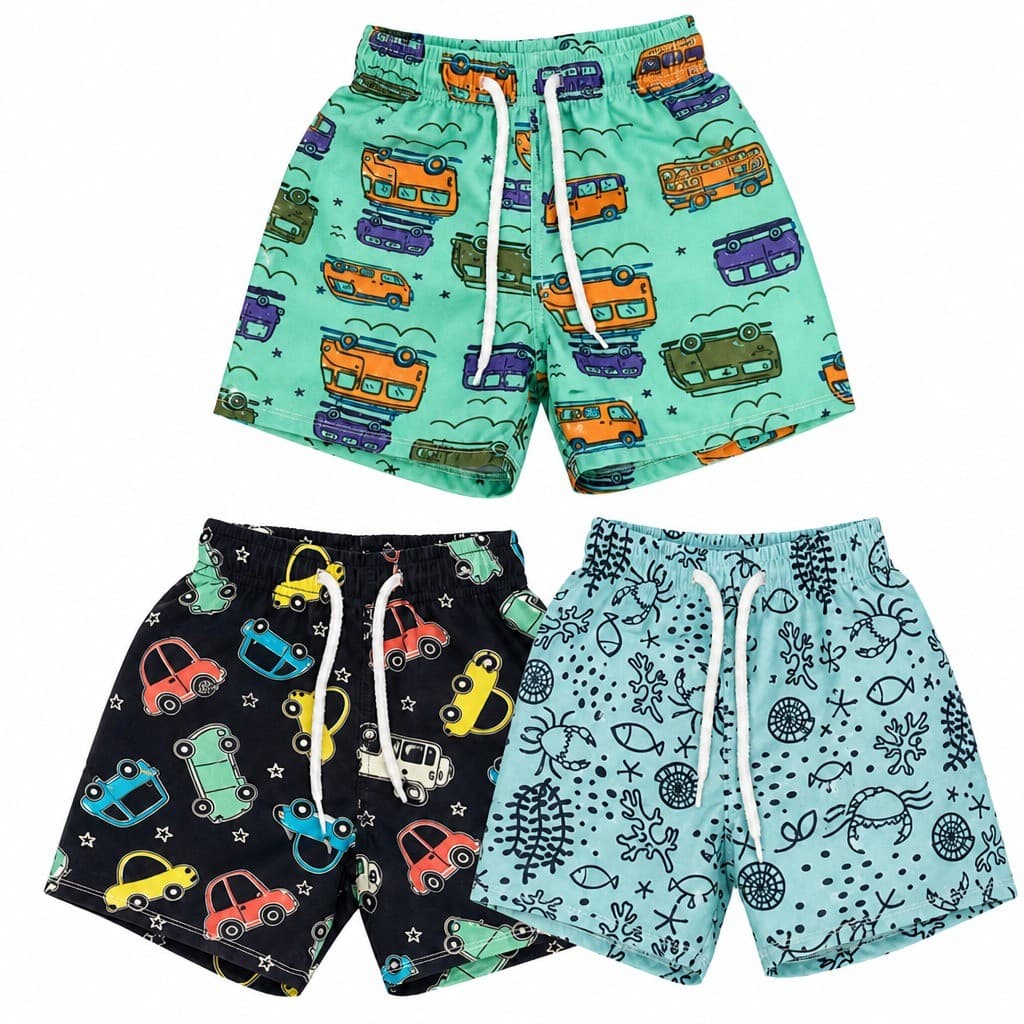 Kit 3 Shorts Tactel Infantil Estampado Menino 1 a 3 Anos Short Bermuda Praia Piscina Sortido