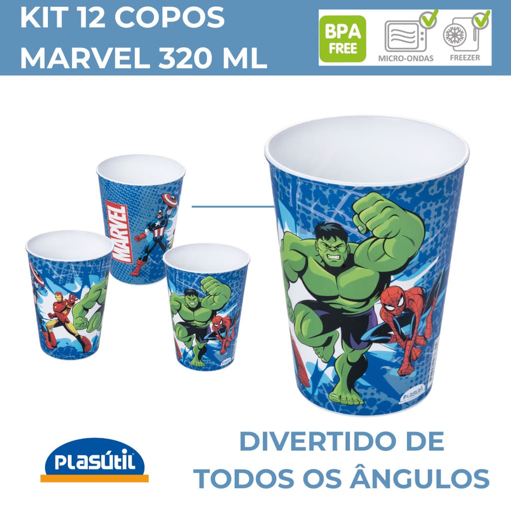 Kit 12 Copos Marvel Vingadores 320ml Festa Infantil Plasútil