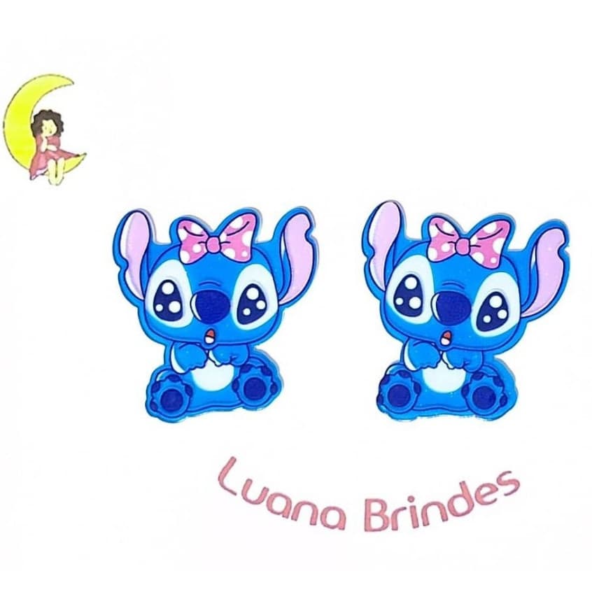 Aplique Stitch Baby Laço Rosa 4,5cm Resina Pacote Com 6 Unidades