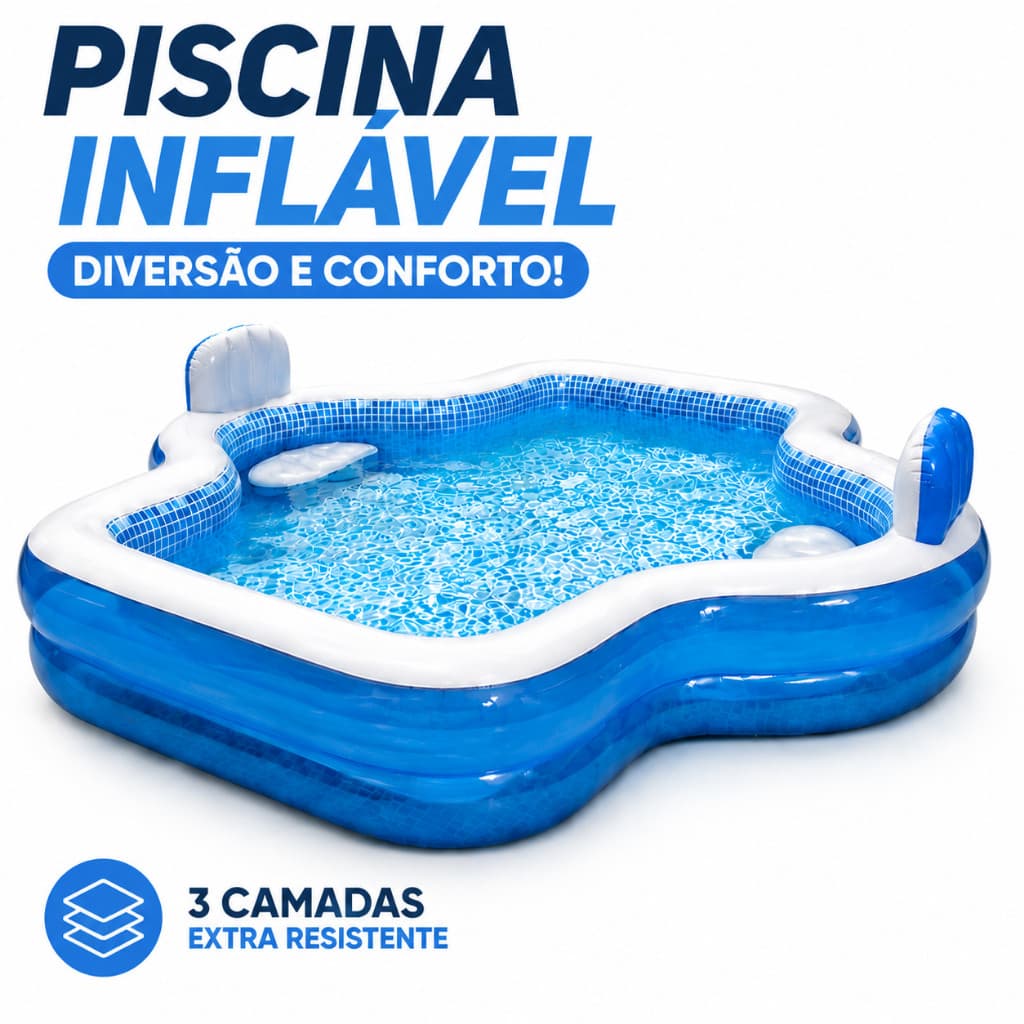 Kit Piscina Inflável Familiar com Assentos, Bomba de Ar Manual Inclusa, Piscina Portátil para Verão em Casa