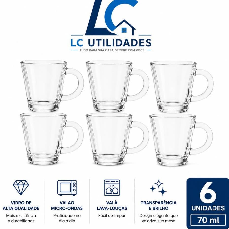 Kit Jogo 6 Xícaras de Vidro para Café ou Chá 70ML Premium Resistente Elegante Funcional