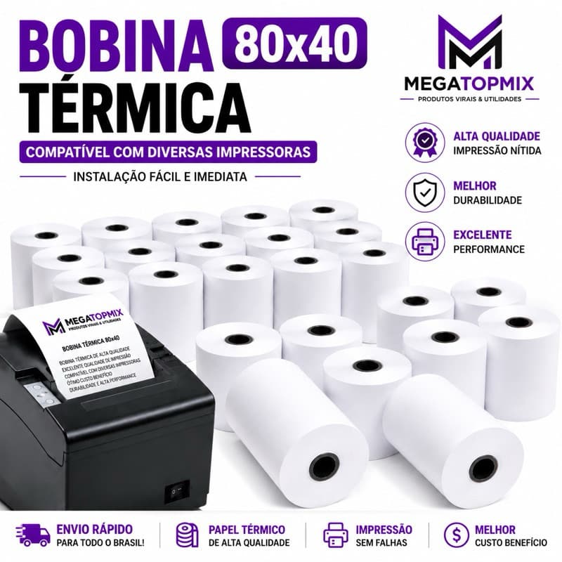 Kit Bobina Térmica 80x40 para Impressora de Cupom Branca | Impressão Nítida | Fácil Instalação | Envio Rápido