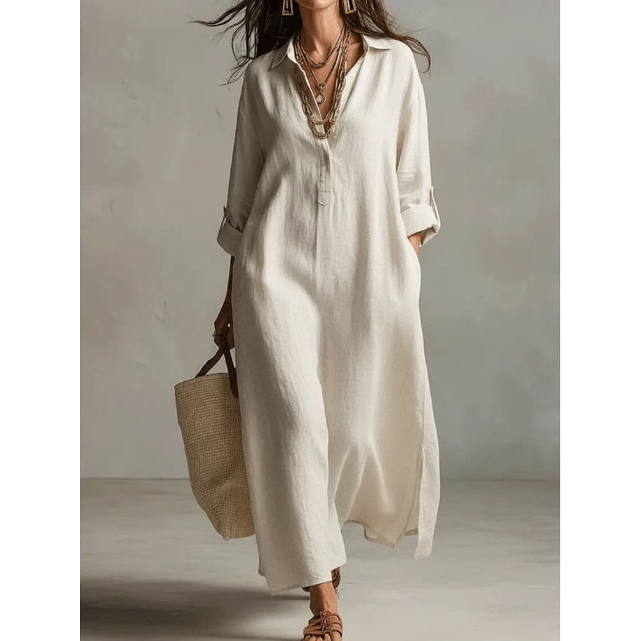 vestido longo Feminino Cor Sólida Lapela casual Saia Longa Camisa De Manga Comprida Francês