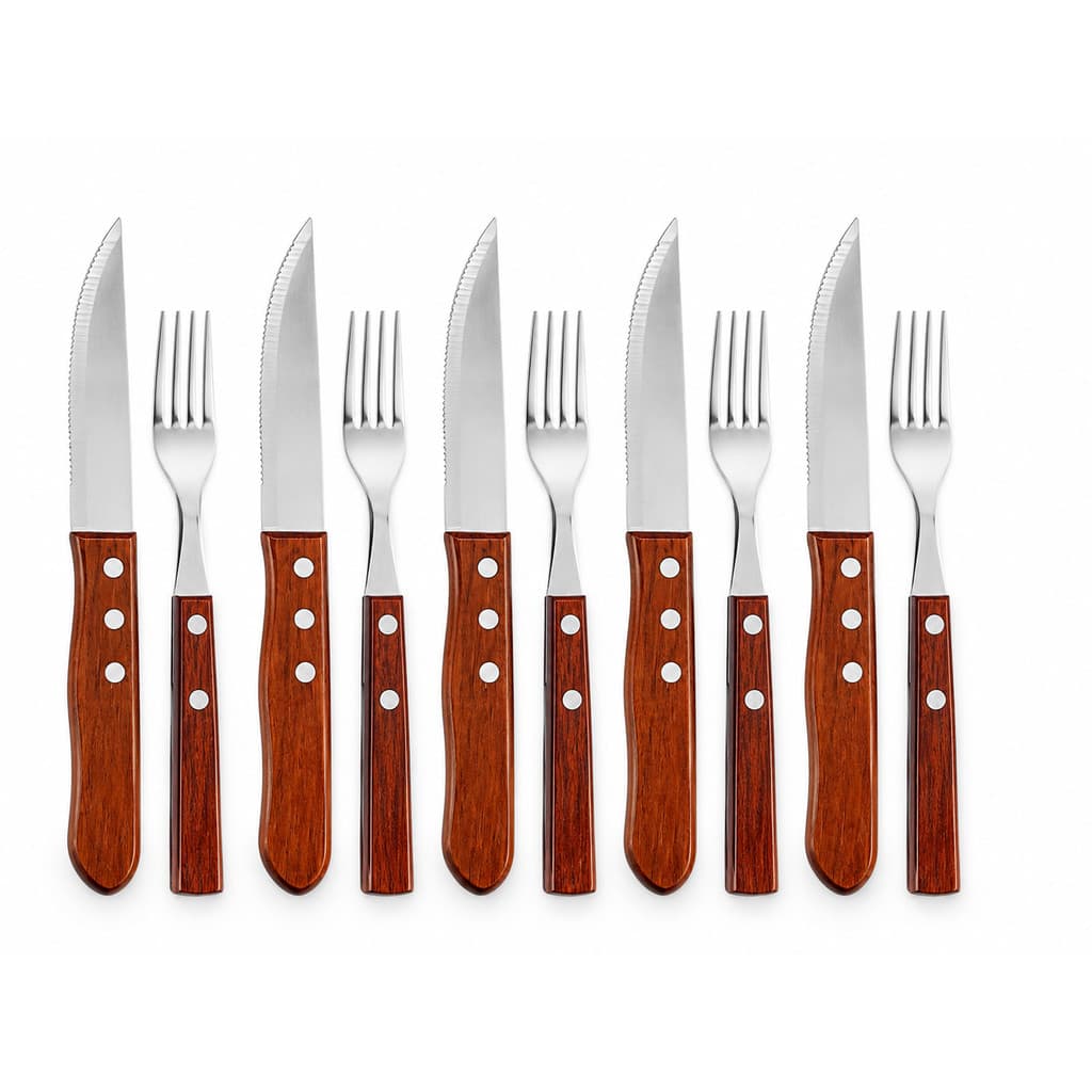 KIT CHURRASCO 12 PECAS C/ CABO DE MADEIRA 6 FACAS E 6 GARFOS