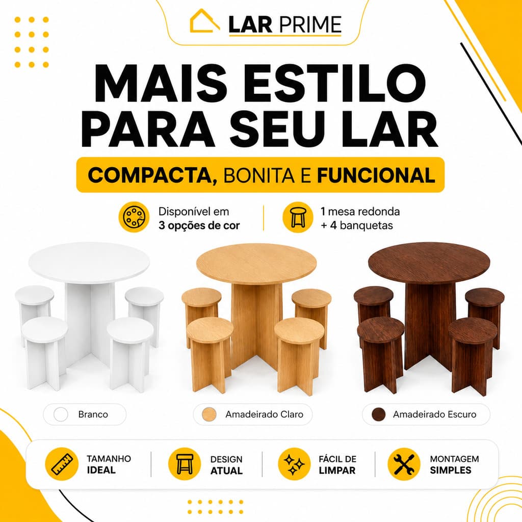 Mesa de Jantar Redonda com 4 Banquetas – Conjunto Compacto para Cozinha, Apartamento e Kitnet