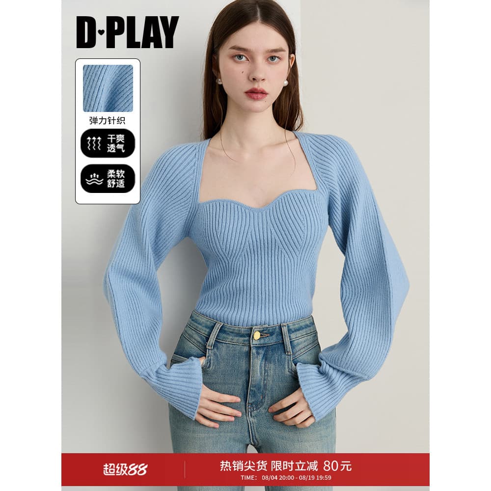 DPLAY2026 Outono Novo Estilo Suéter Azul Moda Feminina Retro Solto Suéter Preguiçoso Manga Longa Top