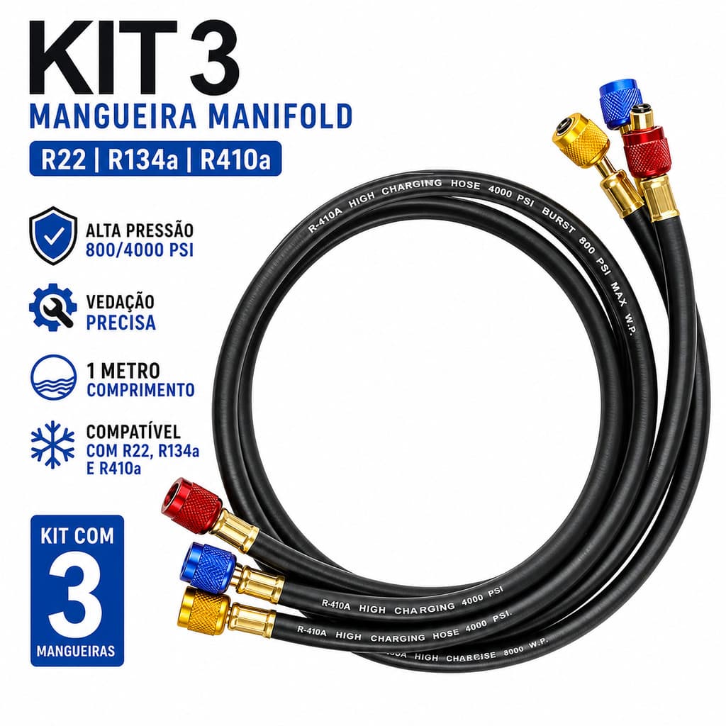 Kit 3 Mangueira Manifold Ar Condicionado R22 R134a R410a 800/4000psi 1M Vedação Alta Pressão Precisa Carga Fluido
