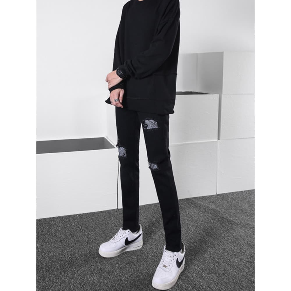 Calças de brim masculinas High street calças masculinas estiramento rua Wear preto calças casuais remendo masculino magr