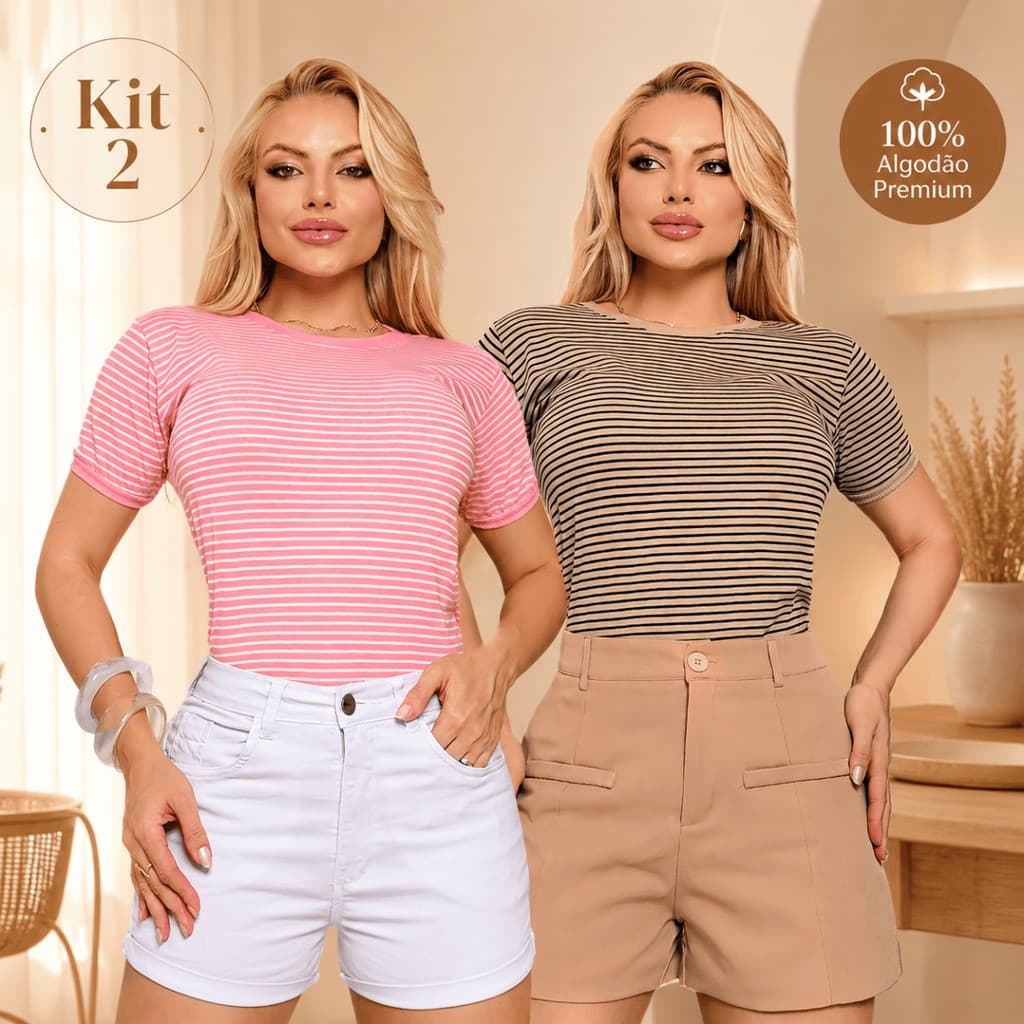 Kit 2 Camisetas Femininas Listradas 100% Algodão Blusa Básica Premium