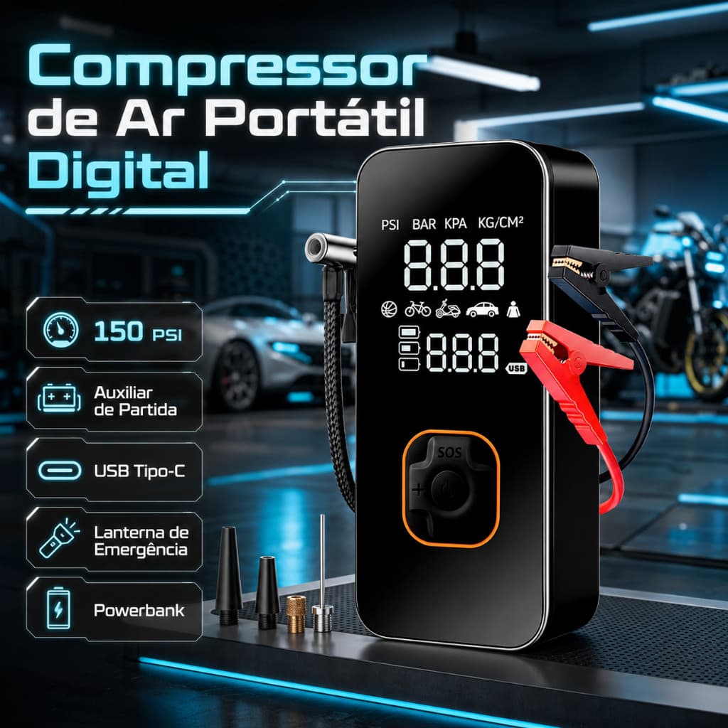 Mini Compressor de Ar Digital PowerBank Auxiliar Partida Calibrador Pneus Carro Moto Bicicleta LCD